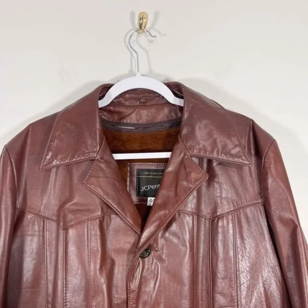 VTG JC Penny‎ Leather Jacket Mens 44 Brown Zip Out Faux Fur Lined 80s Retro